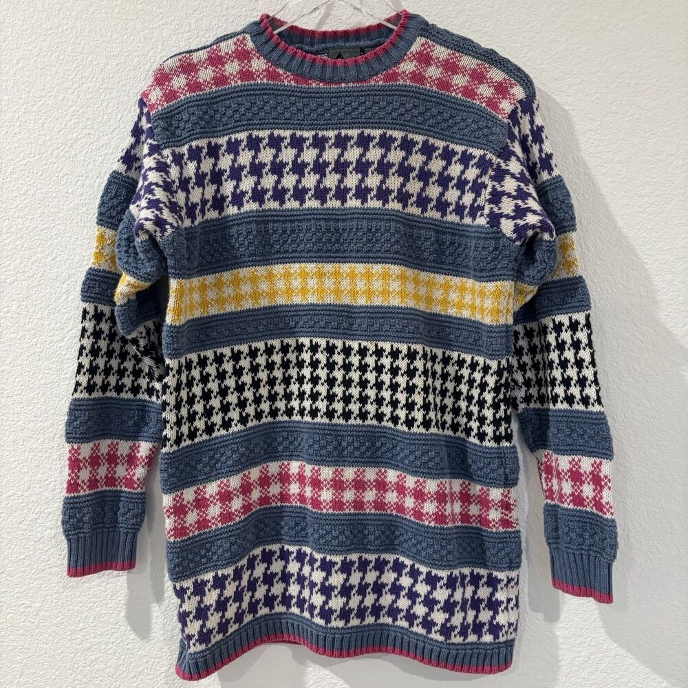 Vintage LizWear Women’s Sweater S Multicolor Houndstooth Striped 90s Colorful